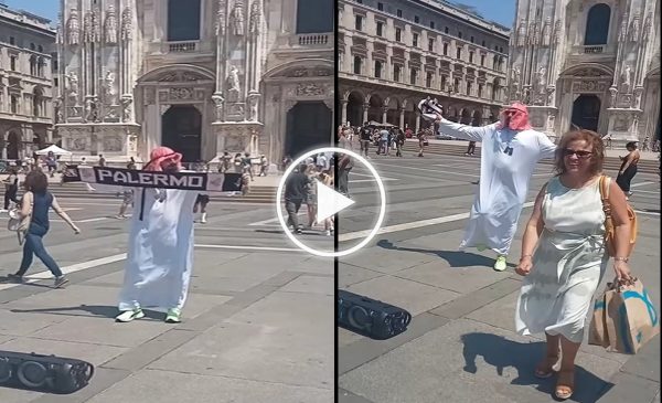 Lo sceicco palermitano in trasferta con la sciarpa rosanero e musica orientale davanti al duomo di Milano – IL VIDEO